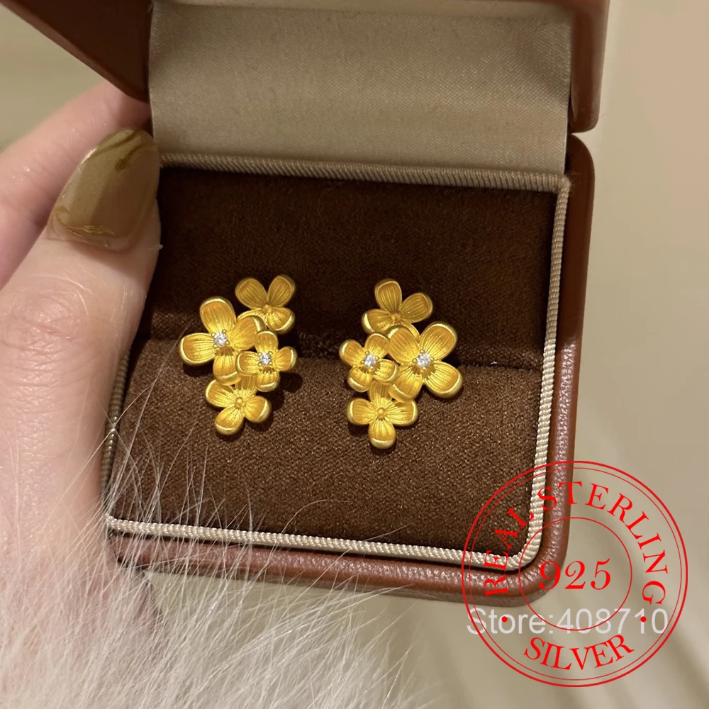 925 Sterling Silver Jewelry 18K Gold Plated Luxury Flower Stud Earrings for Women Wedding Party Jewelery for Girls Friends Gift