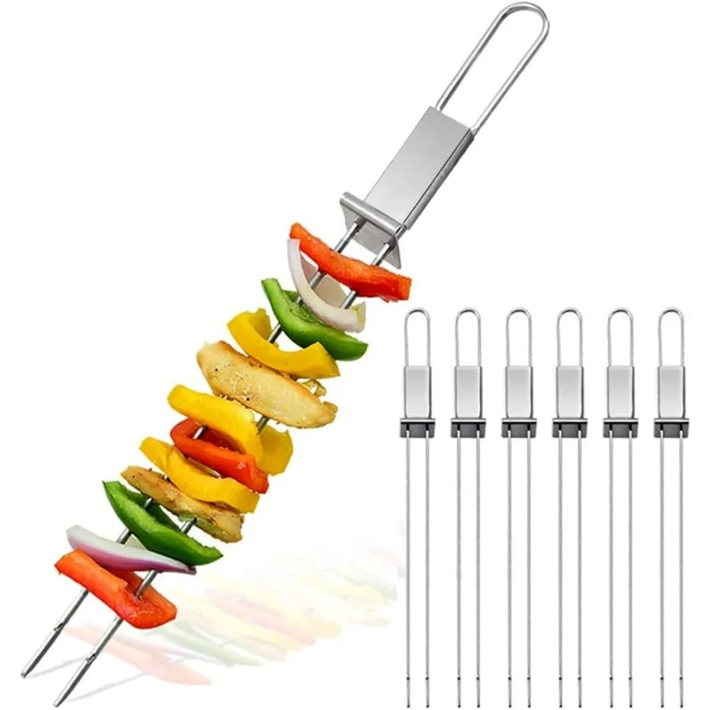 Heavy Duty Stainless Steel Bbq Skewer Semi Automatic Pusher Dual Prong Barbecue Fork Outdoor Camping Grill Equipment