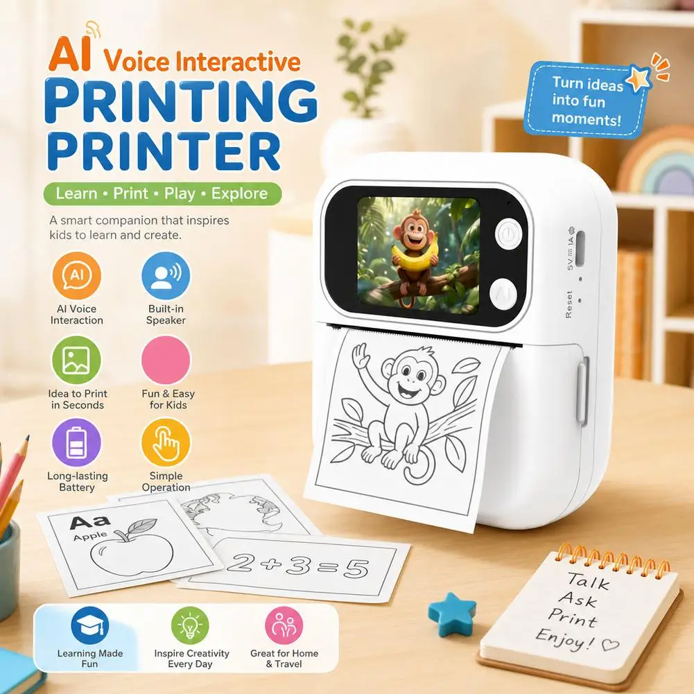 AI Voice Control Thermal Printer,Voice Recognition Image Printing,PortableThermal Printer with Display Screen