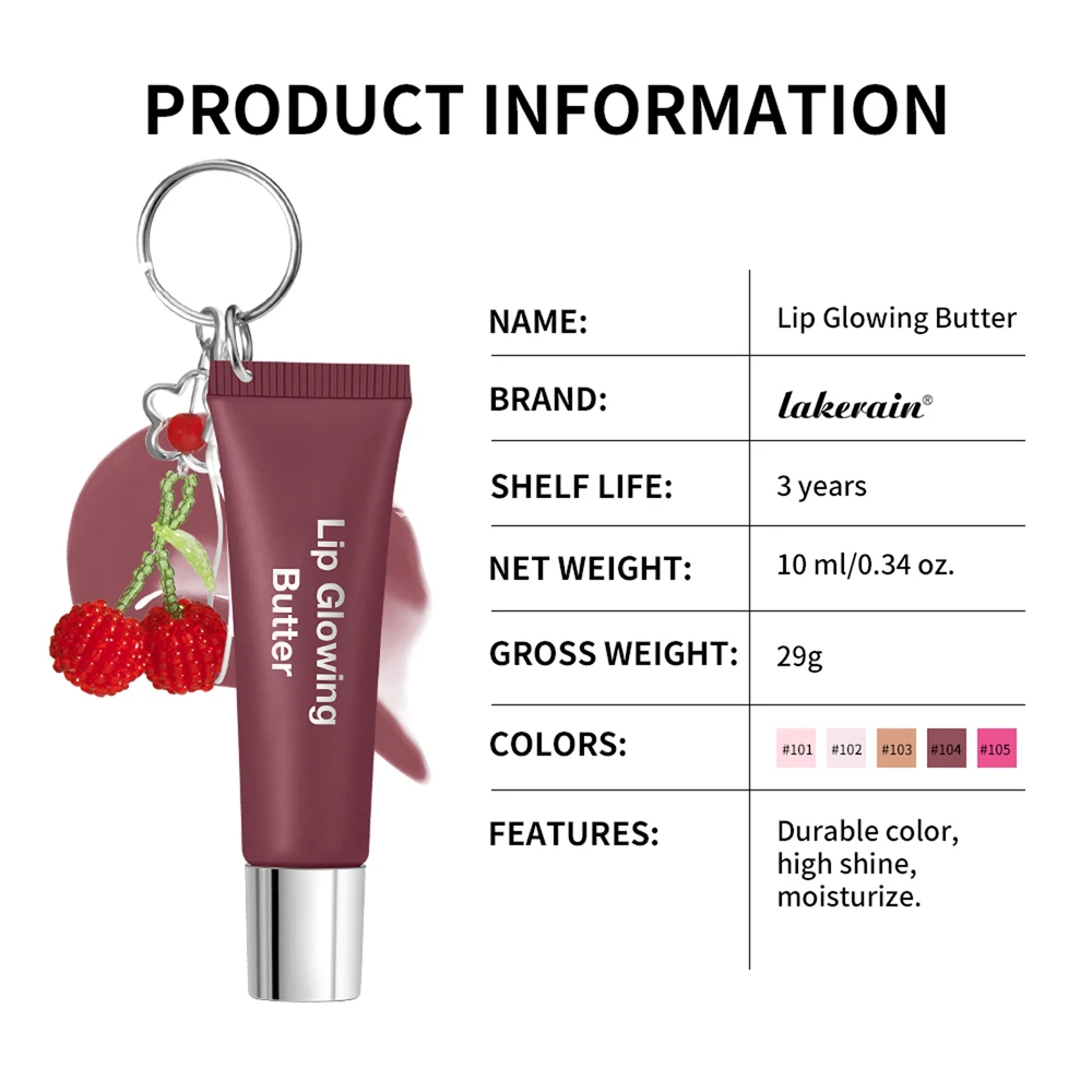Lakerain brilho labial manteiga bálsamo labial hidratante brilho labial com pingente corrente de prata cereja fácil de transportar brilho labial