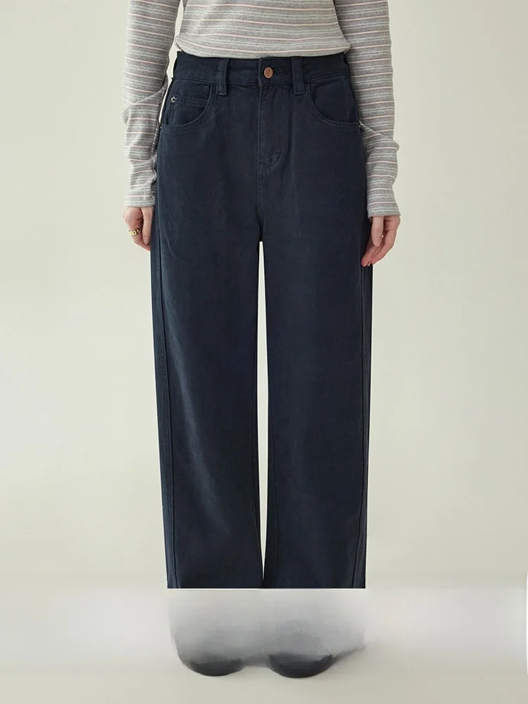 

AMUU Black Blue Fleece-Lined Wide Leg Jeans Women's High Waist Commute Style Cotton Denim Pants Winter New Arrival