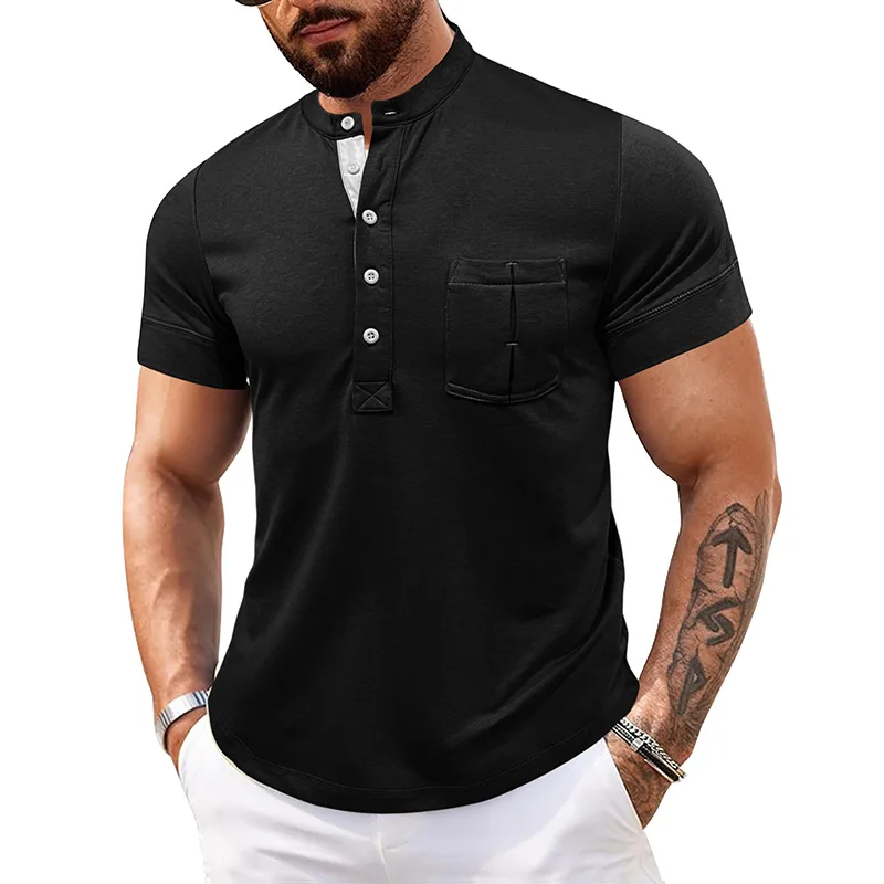 TRSYPHXM nouveau 2024 hommes en plein air col rond haut ouvert Henry manches courtes base T-shirt poche hommes polo