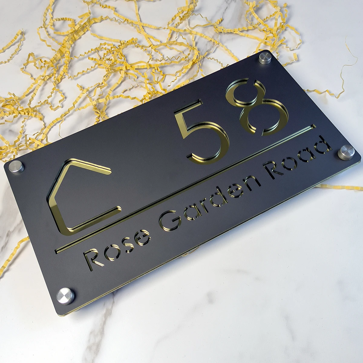 Personalized Custom Matte Black Gold Mirror Double Layer Acrylic House Number Sign Plate Address Name Door Sign Wall Room Plaque