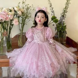 Girls Casual Dresses Princess Autumn Children Clothing Birthday Puff Sleeve Pink Mesh Yarn Sequin Beautiful Velvet