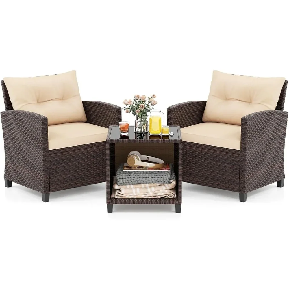 

3 Piece Patio Furniture Set, Outdoor Conversation Set with Washable Cushions & Storage Table, PE Rattan Wicker Bistro Set