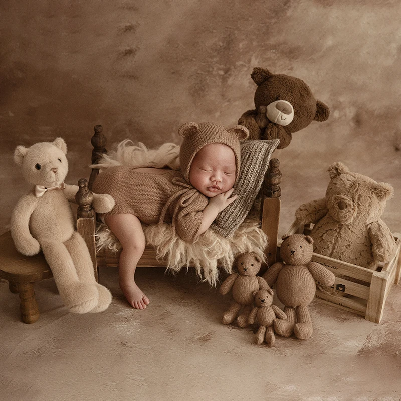 Boneka beruang fotografi baru lahir, kombinasi beruang rajutan tangan, boneka gaya lucu, aksesori fotografi Pose bayi