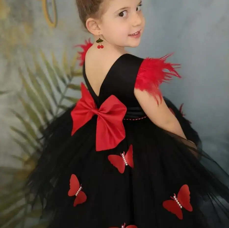 Elegant Black Baby Flower Girls Dress Gown with Butterflies Toddler Frock Long Tail Kid Birthday Party First Communion Gown