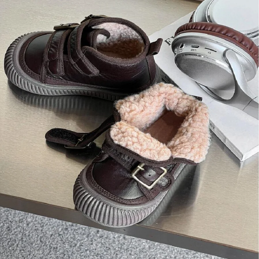 2024 Winter New Edition Baby Soft Glutinous Warm Cotton Shoes Children\'s Leather Double Button Casual Board Shoes Black Brown