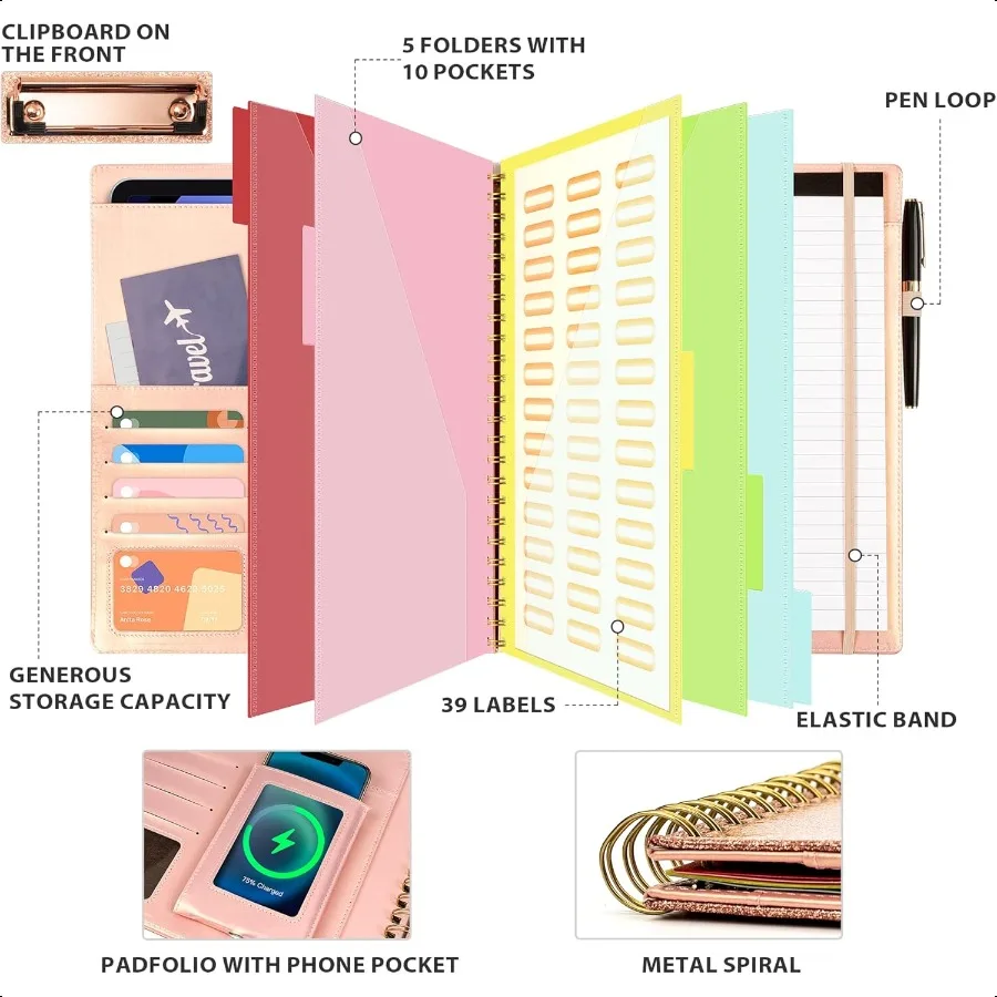 حافظة مع مساحة تخزين للرجال والنساء منظم محفظة Padfolio من الجلد 5 مجلدات مع 10 جيوب حافظة حلزونية مع