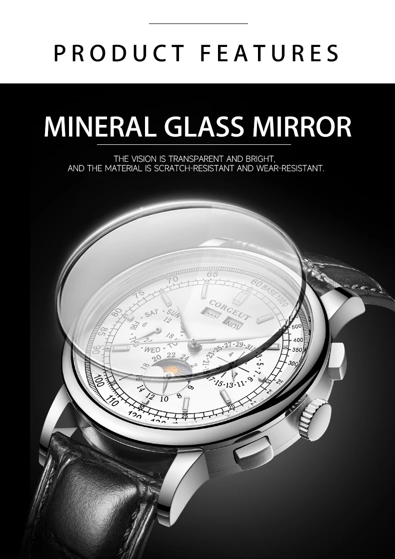 CORGEUT Luxus-Herrenuhr 41mm Automatische Mechanische Uhr mit Lederarmband Saphirglas Anzeige von Jahr, Datum & Woche – Detail 12