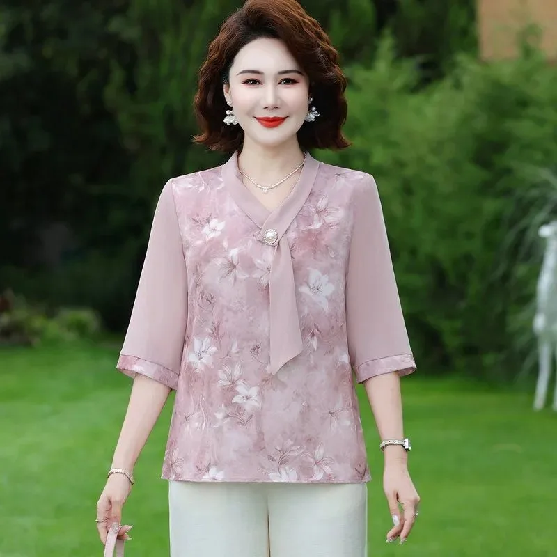 

Women's Floral Print Chiffon Blouse Half Sleeve Casual Mom Top