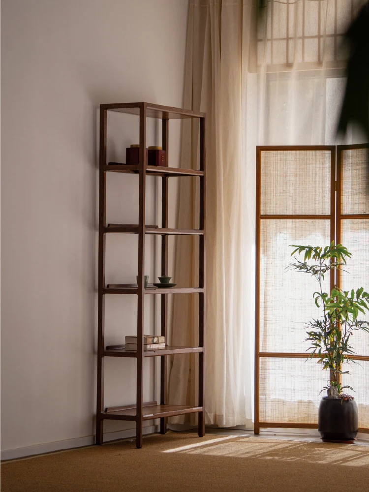 Black walnut wood bookshelf minimalist shelf, new Chinese tea rack, Ming style solid wood Zen porcelain display rack