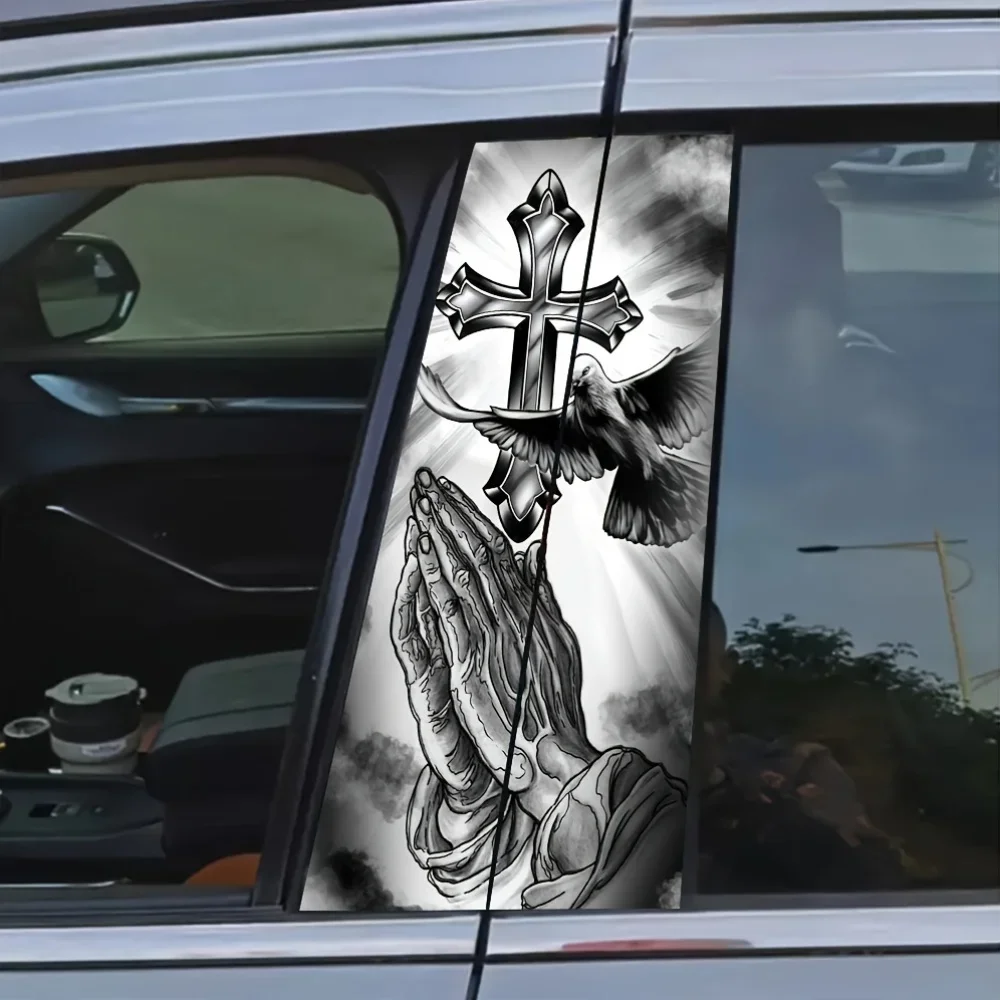 2-Pack Praying Hands & Cross Vinyl Car Stickers - Waterproof, B-pillar & Door Scratch Resistant Cover, Religious Theme