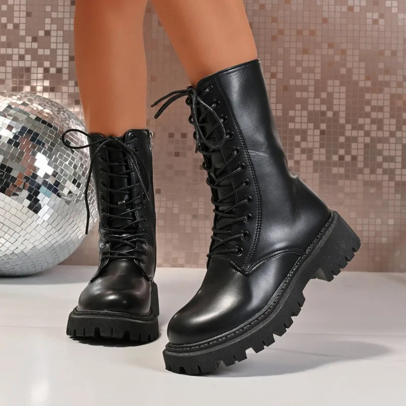 

Ботинки средней длины на шнуровке, модные женские туфли на платформе с круглым носком и боковой молнией, мягкая подошва, противоскользящие, износостойкие туфли на блочном каблуке