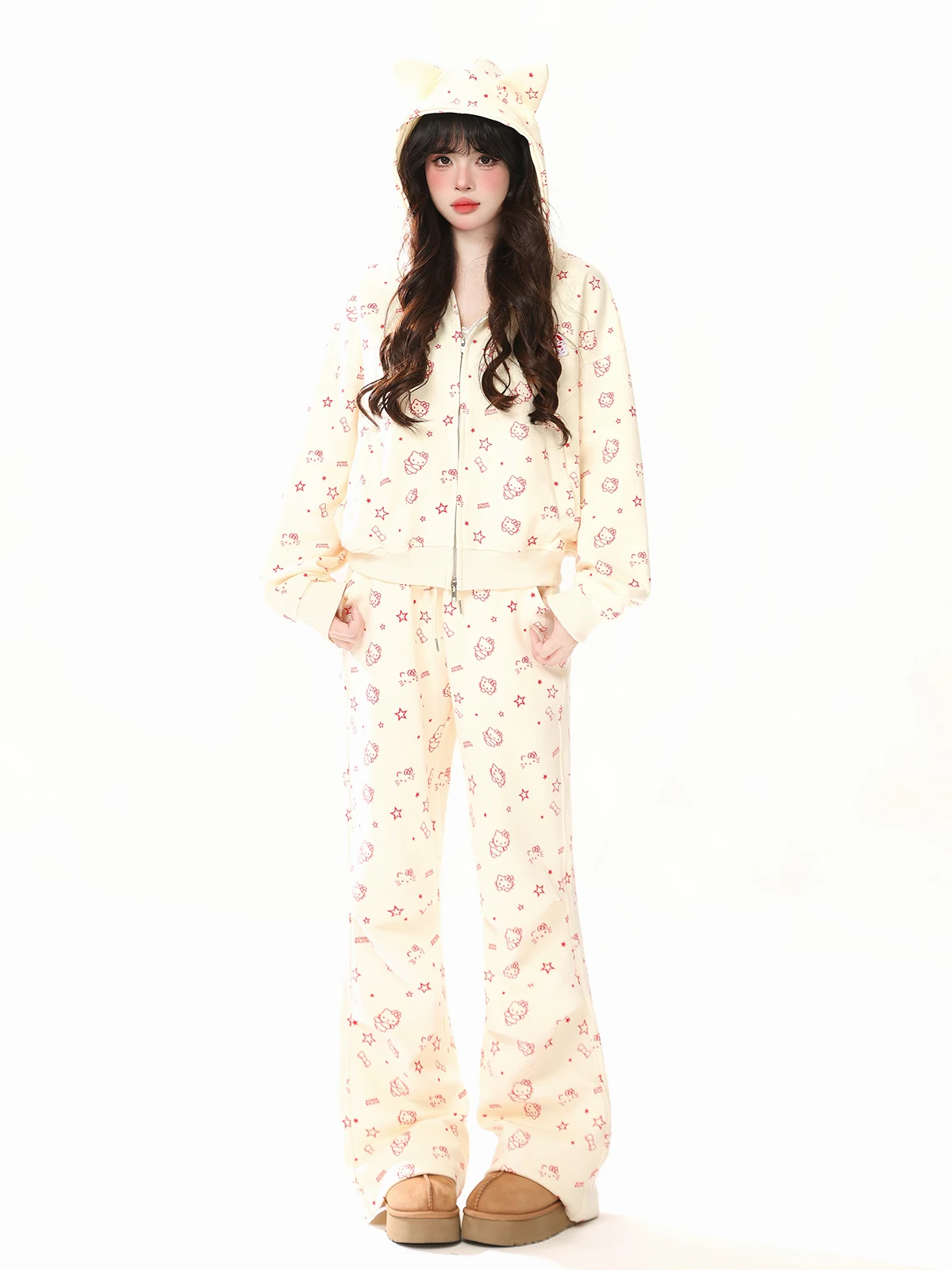 

Комплект ENJOG: Свитшот-кардиган с открытыми рукавами и брюки для женщин, весна-осень, новый, маленький размер, повседневный, с принтом KT