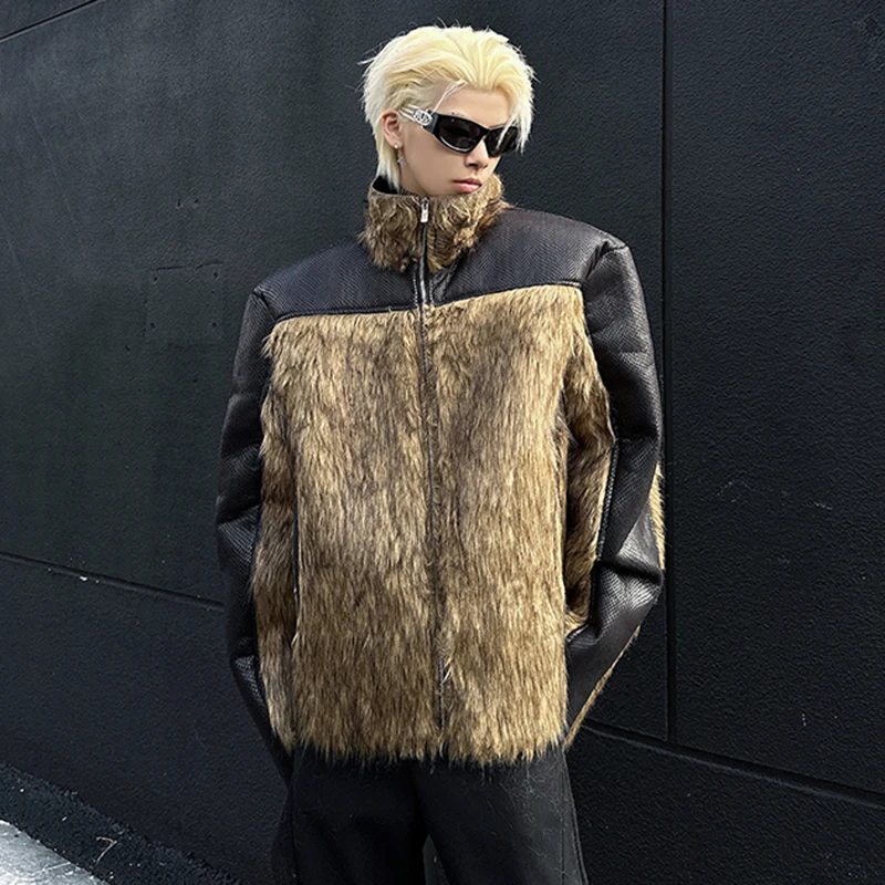 WTHT Fashion Men's Thicken Loose Leather Soliced Faux Fur Coats Trendy High Street Contrast Color Jacket Male 2026 Spring 2A2792