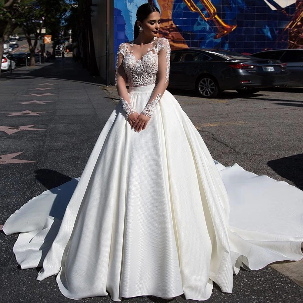 Lceland papoula personalizado pérolas frisado vestido de baile vestidos de casamento de cetim mangas compridas até o chão vestidos de noiva com trem real