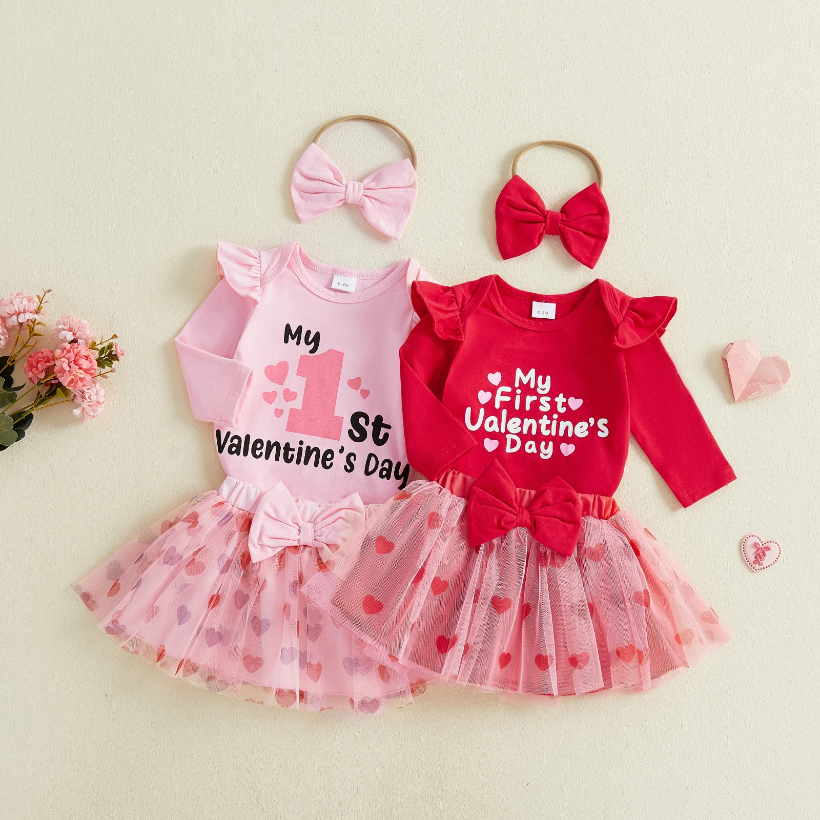 3Pcs Infant Girl My First Valentine's Outfit Ruffle Long Sleeve Crew Neck Romper Elastic Waist Tutu Skirt Bow Headband Set