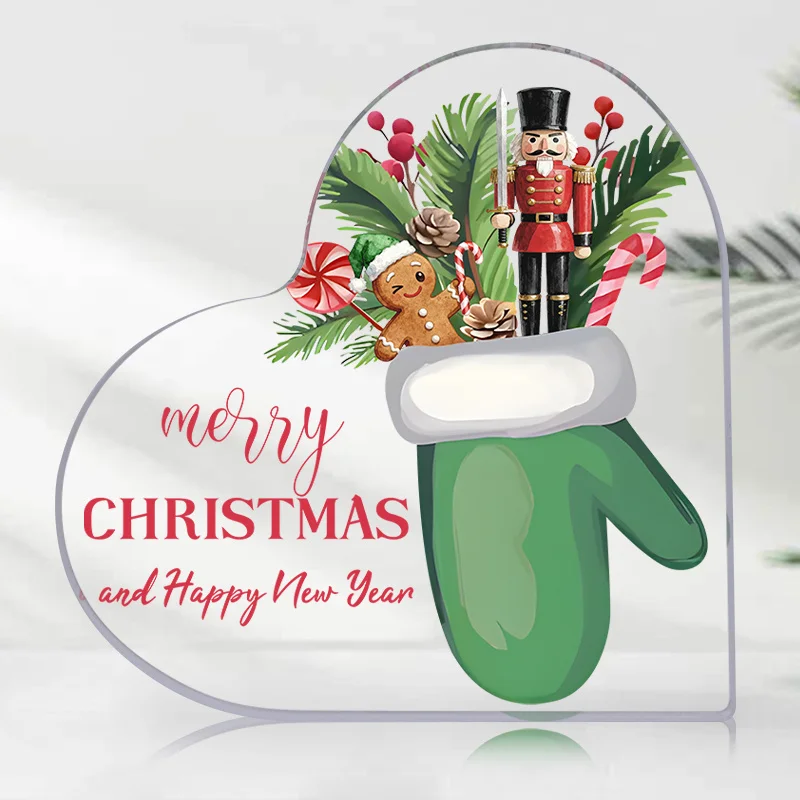 Merry Christmas Heart‑Shaped Acrylic Plaque, Green Mitten Nutcracker Gingerbread Man Table Decor
