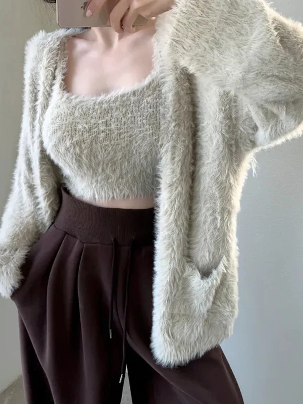 

Thiened Knitted Long Sve Sweater Vest Women Plu Looking Mink Imitation Coat Two Piece Set Lazy Sle Early Winter