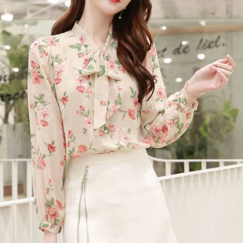 Spring Autumn Women\'s Bow Lace Up Floral Print Button Up Shirt Korean Fashion Sweet Elegant Blouse Chic Long Sleeve Tops Blusas