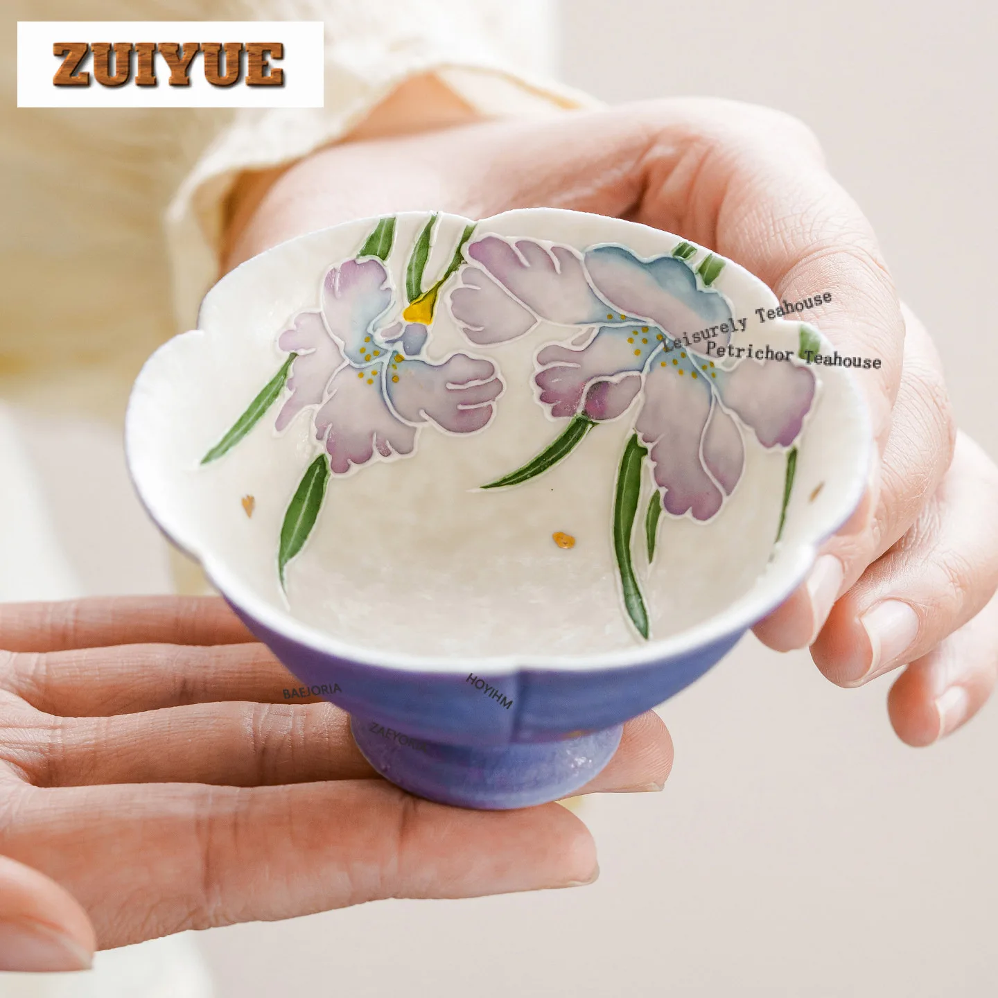 40ml Hand Painted Purple Iris Teacup Antique Tea Bowl Cute Cup Tea-tasting Fragrance Cup Chazhan Master Cups Tea Ceremony Craft