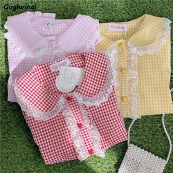 Shirts Women Japanese Style Plaid Sweet Peter Pan Collar Edible Tree Fungus Casual Daily All-match Basic Design Fashion Cozy New