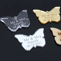 30/50/100pcs Personalized Acrylic Butterfly Custom Wedding Name Baby Baptism Mirror Silver Gold Engraved Tag Decoration Gift