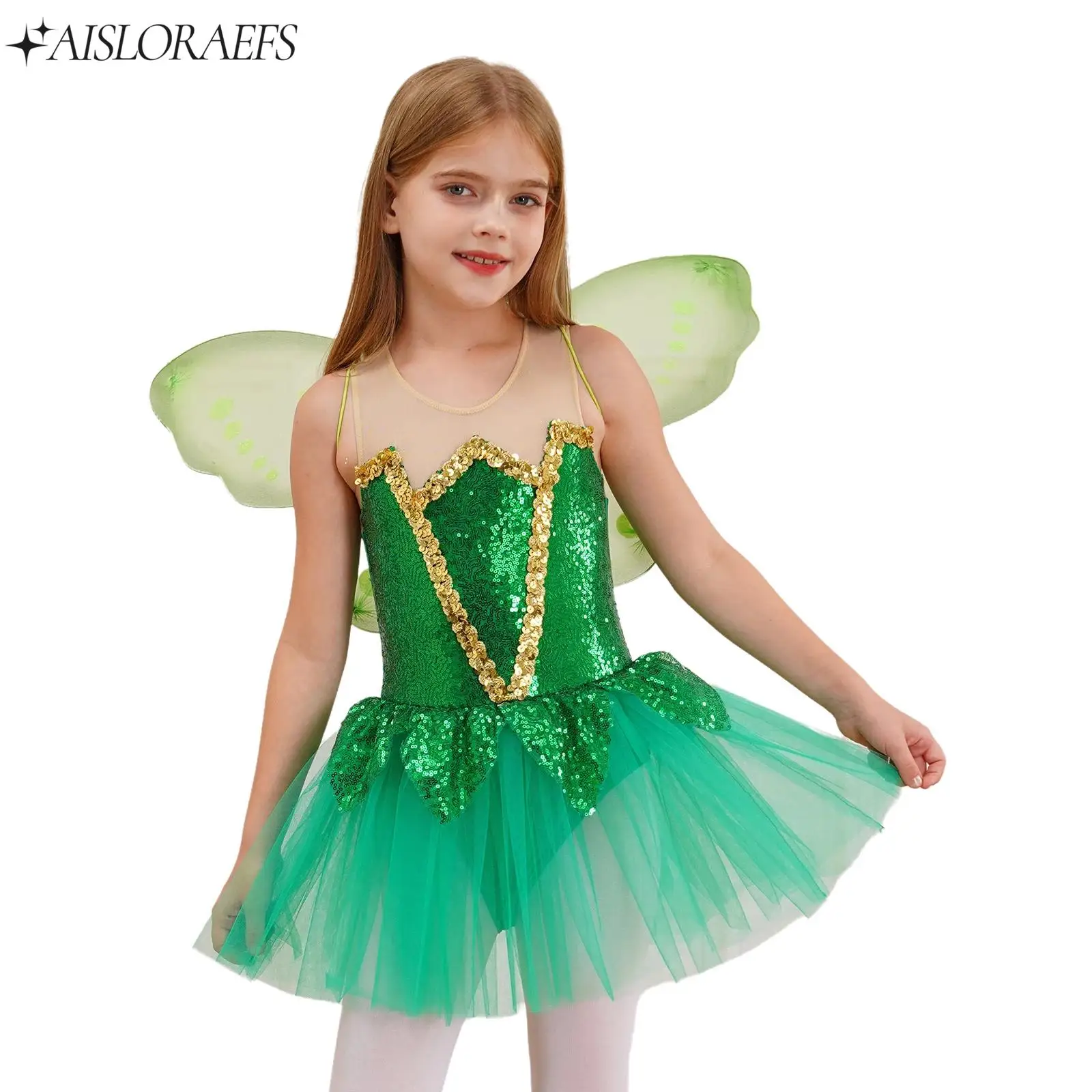 

Girls Halloween Elf Cosplay Costume Shiny Sequins Tutu Dress+Butterfly Wings Outfit for Fancy Dress Role Play Performance