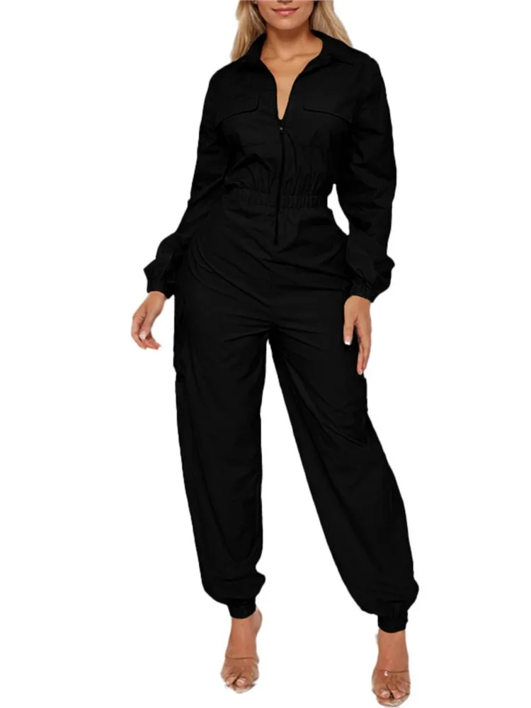 Work Jumpsuit Women\'s Pocket Elastic Waist Zipper Jumpsuit New Style Autumn Fashion Elegant Casual Long Sleeve Jumpsuits