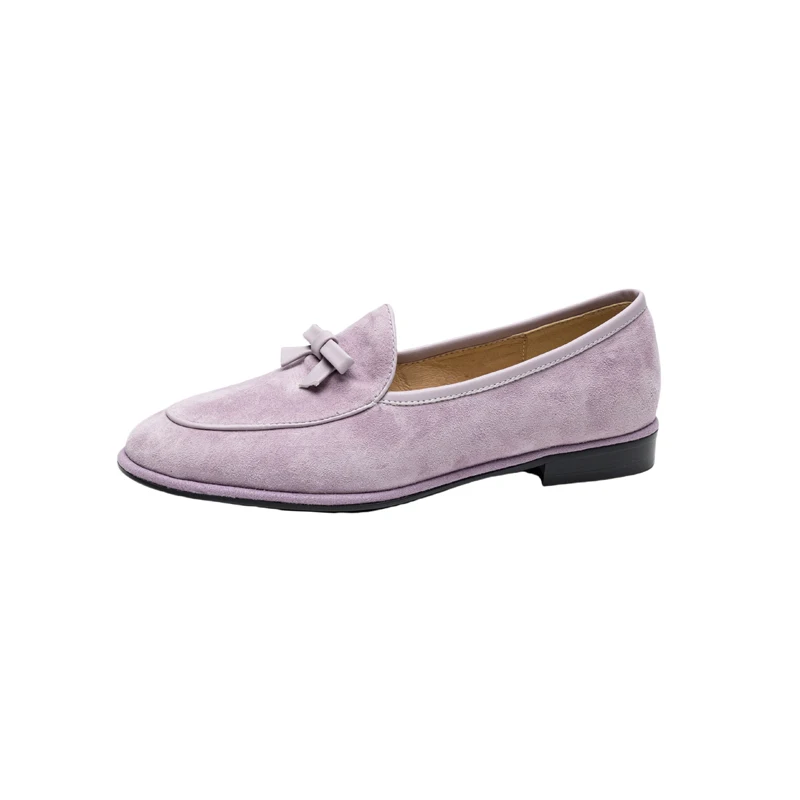 

Casual Loafers Women Suede Leather Round Toe Solid Retro Butterfly-knot Spring Ladies Shoes Handmade