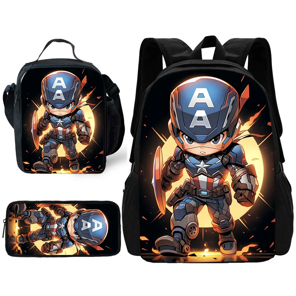 Child School Cute Anime Captains America Backpack with Lunch Bags ,Pencil Bags ,School Bags for Boys Girls Best Gift