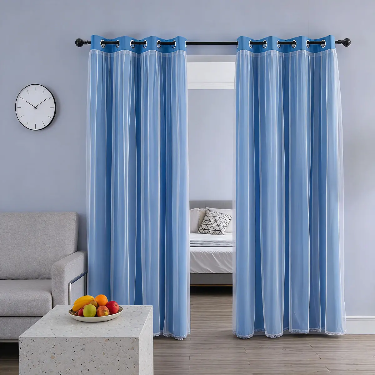 2 Panels Sky Blue Double Layer Sheer Eyelet Curtains, Nordic Fresh Minimal Ins Style, Privacy Light Filter Room Divider Drapes f