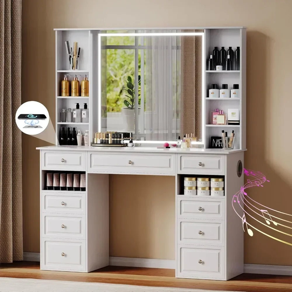 Extra Large Vanity Desk with Lighted Mirror,47'' with 9 Drawers, Crystal Ball Knobs, Bluetooth Speaker, Wireless Charging