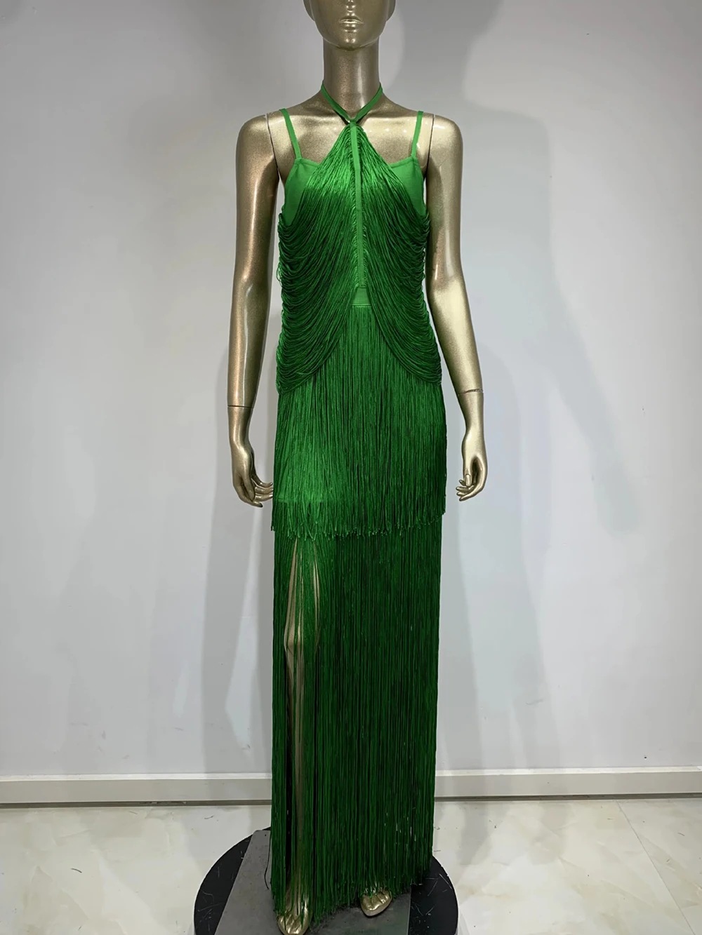 Women Celebrity Luxury Sexy Backless Tassel Green Bandage Long Dress 2024 Bodycon Elegant Evening Club Party Dress