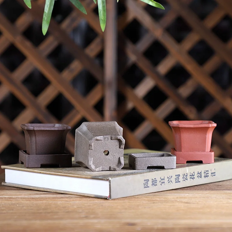 Ceramic Square Bonsai Pot with Base, Nature Color, Traditional Chinese Shape, Garden, Home Table Decoration