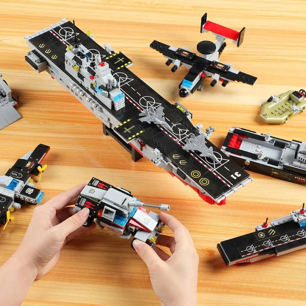 1161-Piece Military Aircraft Carrier Building Set with Patrol Boat & Fighter Plane for Kids Aged 6-12