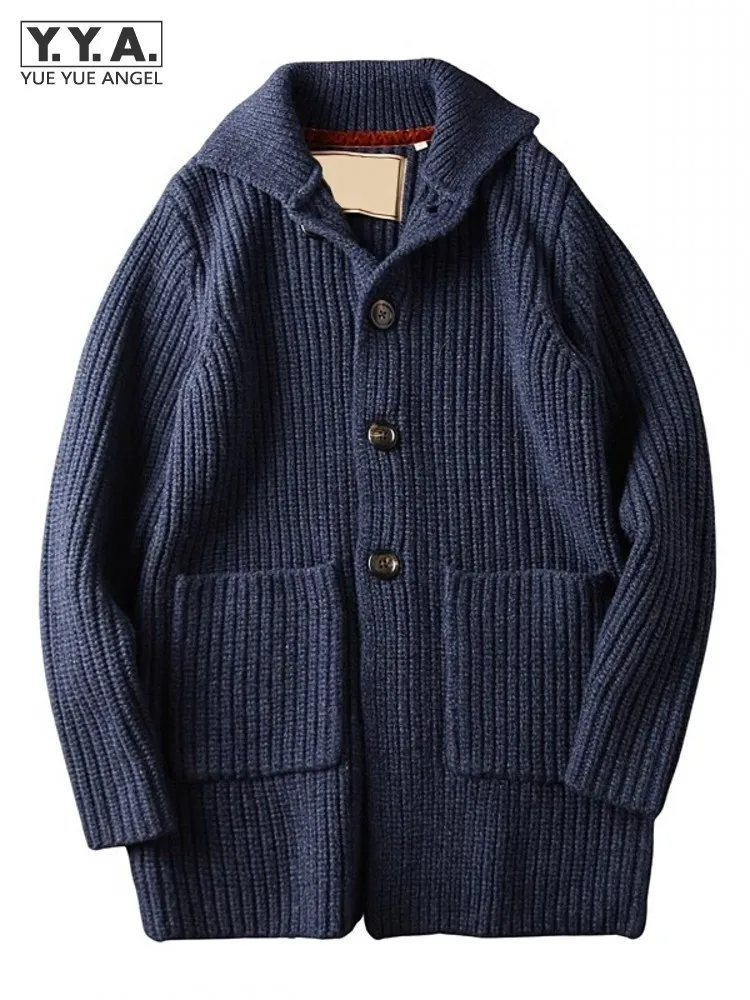 Winter Men Thick Wool Knit Coat Single Breasted Vintage Lapel Collar Business Casual Warm Sweater Cardigan Italy Woolen Knitwear