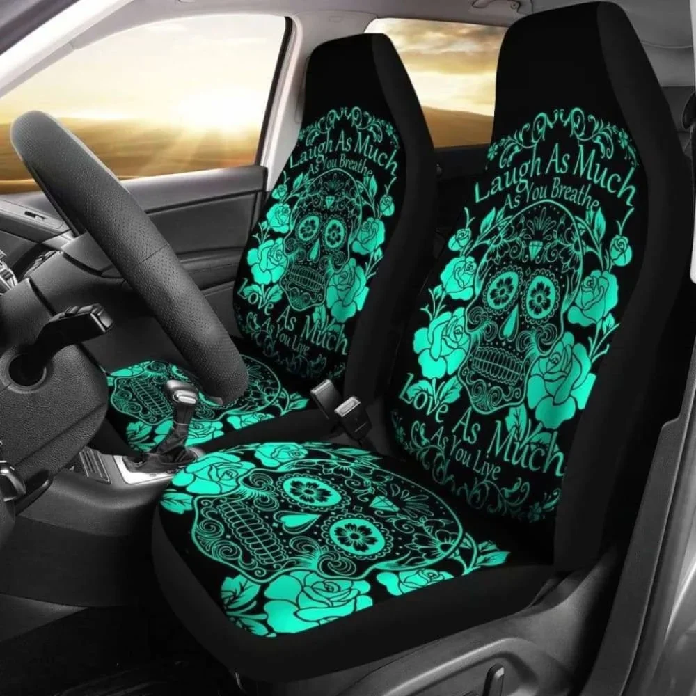 Set Of 2 Sugar Skull Seat Covers Laugh As Much As You Breath,Pack of 2 Universal Front Seat Protective Cover