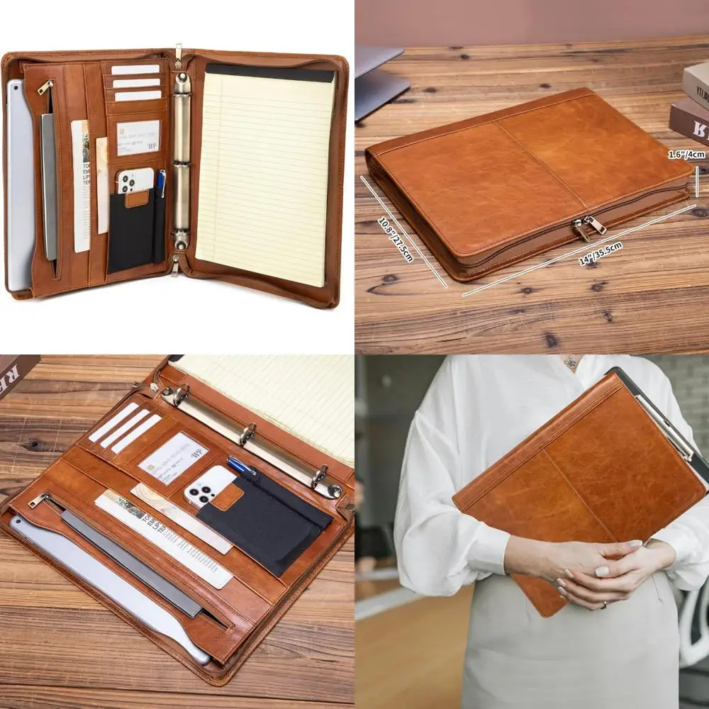 

Профессиональный кожаный портфель формата А4 с 3-кольцевой подставкой, подушечка из натуральной кожи, держатель для ноутбука на молнии, чехол для ноутбука, идея