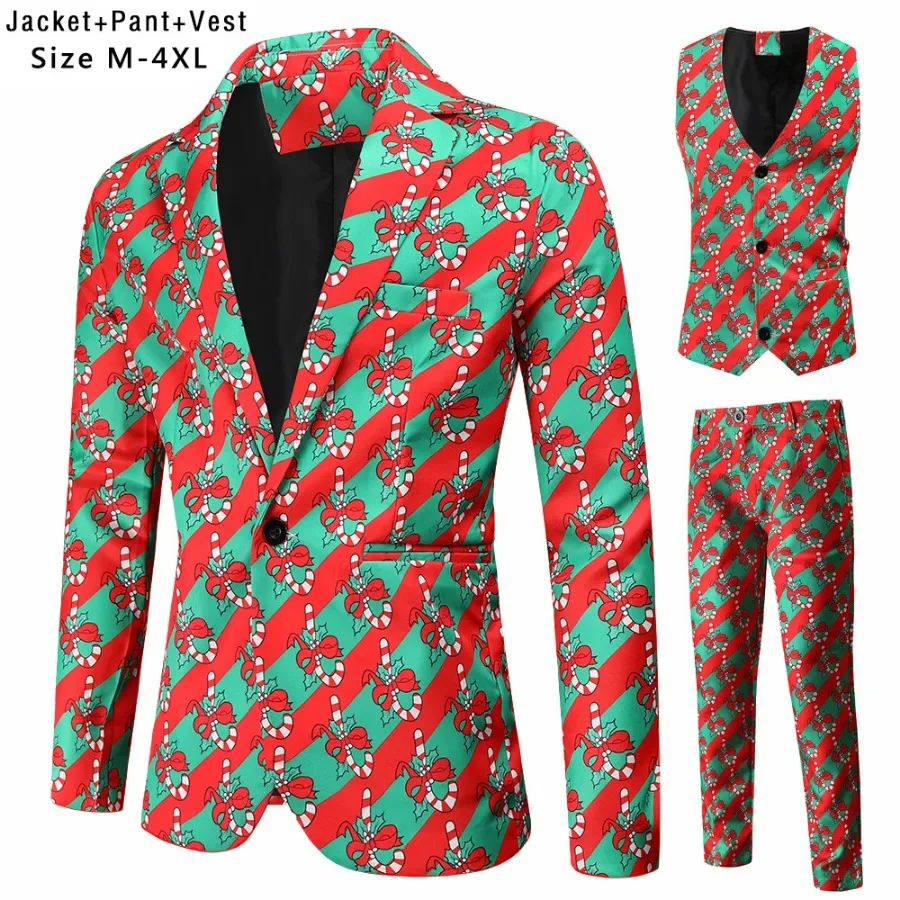 2024 Christmas Suits for Men Funny 3D Print Single-Button 3 Pieces Blazer Sets With Vest Trousers Fashion Casual Men's Clothing