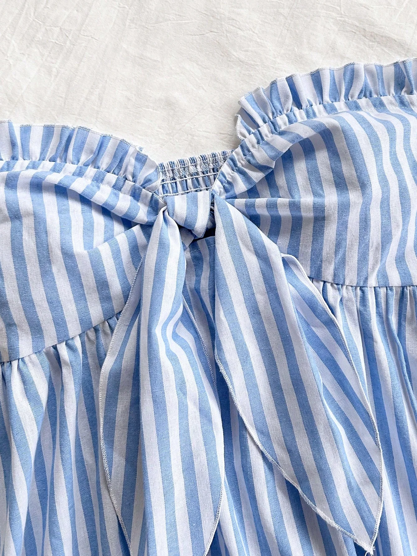 Blue And White Striped Set with Bow Waist Top And Casual Shorts Women's Preppy Style Outfit Two-Piece Ensemble - view 5