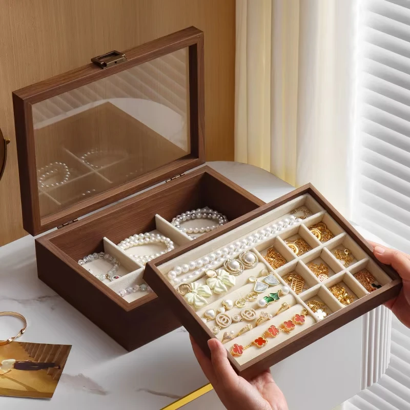 Wooden Jewelry Box Jewelry Organizer with Glass Lid Multi Layer Jewelry Storage Case Necklace Ring Earring Holder Display Box