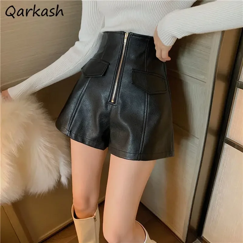 

Шорты из искусственной кожи, женские широкие брюки, повседневные, с высокой талией, свободные, винтажные, универсальные, в корейском стиле, на молнии, уличная одежда, женская одежда, осенний шик