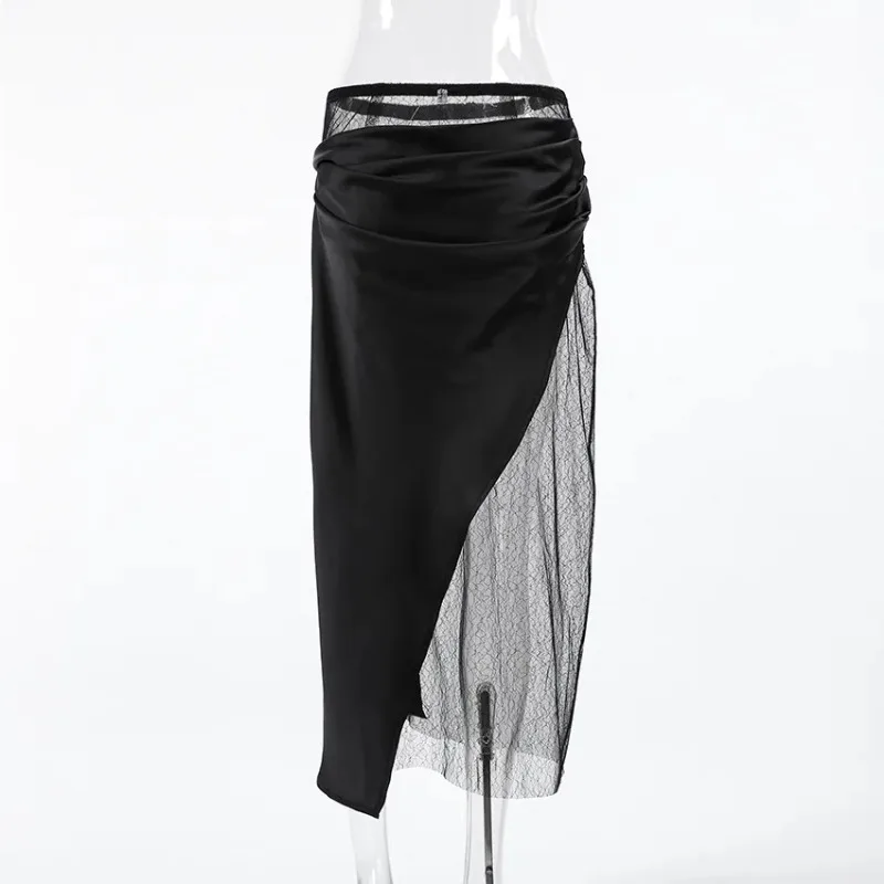 2025 Spring Spice Girl Black Wrap Lace Fart Curtain Skirt Women's Fashion Asymmetrical Splicing A-shaped Skirt Women's Clothing