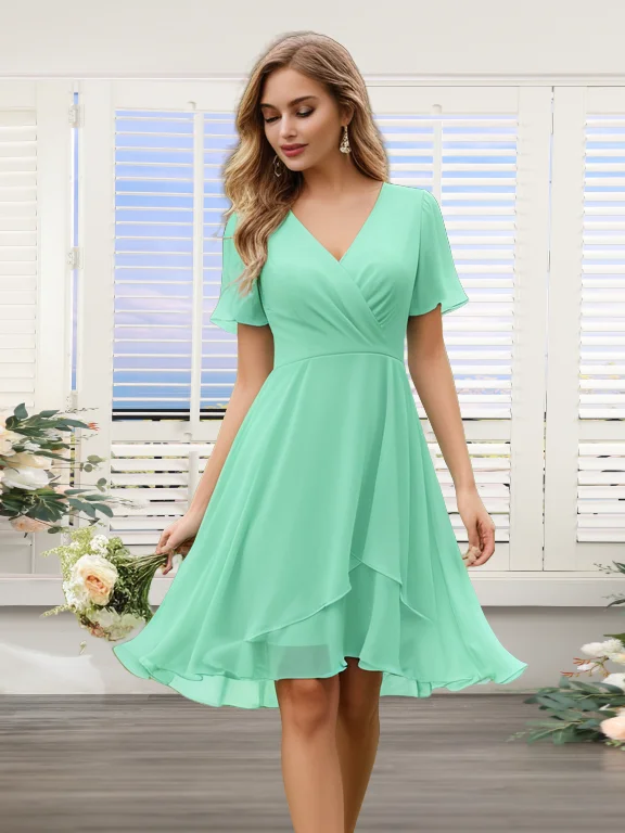 

Mint Green Short Bridesmaid Dresses for Women 2025 V Neck Short Sleeve Pleated Maid of Honor Dresses Simple