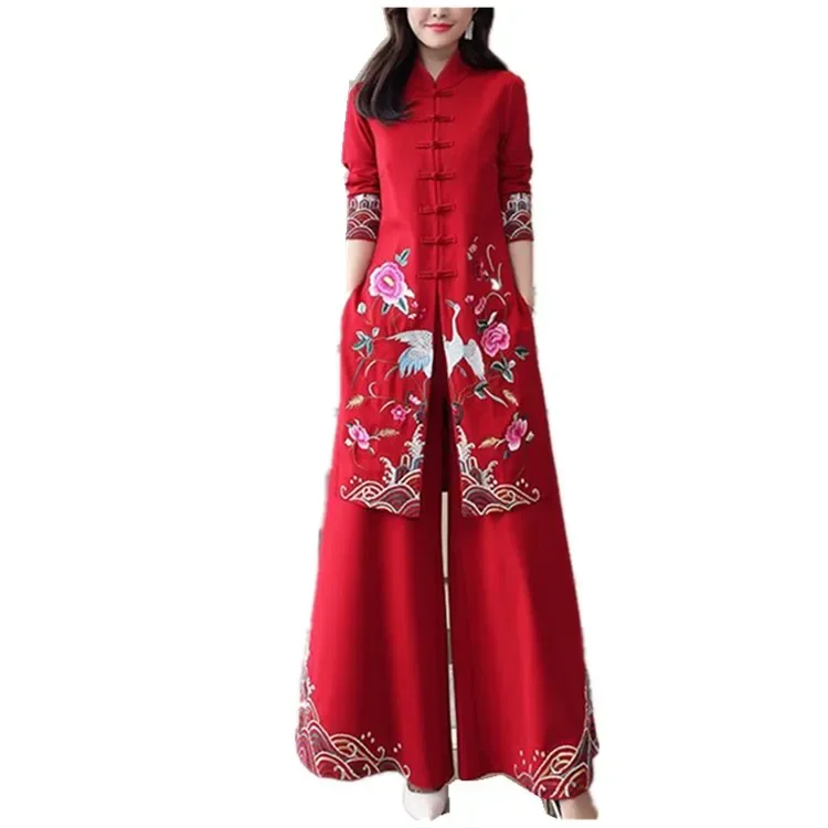 4XL Vietnam Aodai Chinese Style Long Dress Qipao Chinese Cheongsam Dress Traditional Chinoise two pieces Women Pants Suits RH710