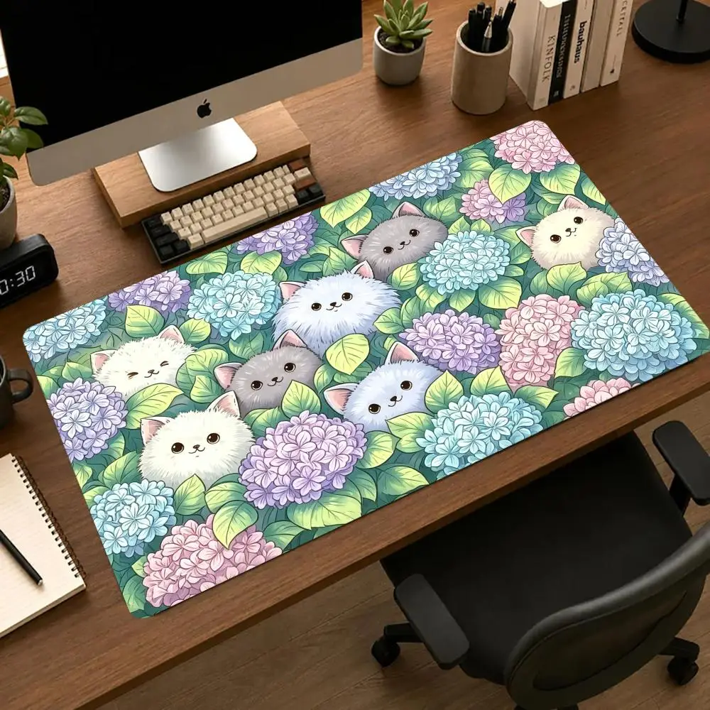 Hydrangea Cat Mousepad Pc Accessories Desk Interior Gaming Mats Playmat Carpet Mouse Mat Desk Pad Office Decor Gamer Decoration