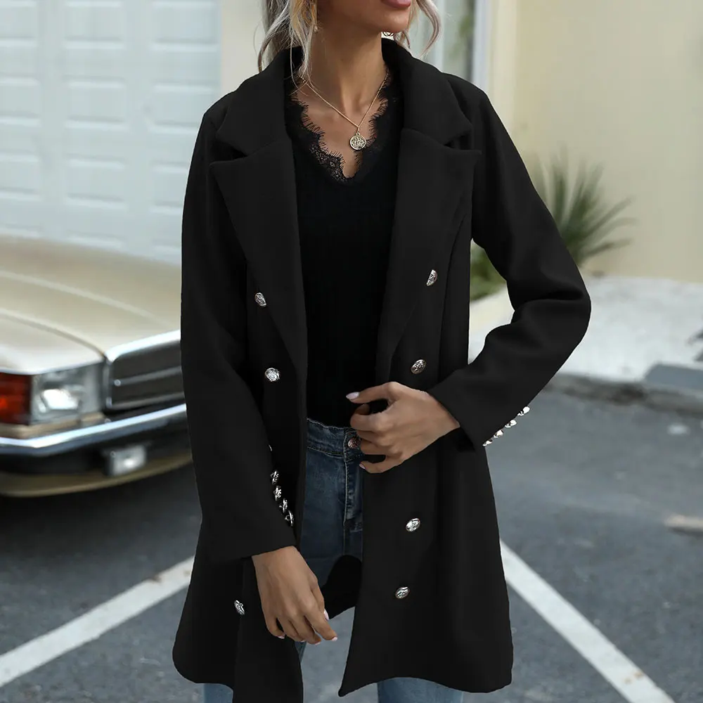 Women Woolen Coat Blends Jacket Double-breasted Long Suit Trench Outwear Button Down Solid Warm Autumn Winter Clothing Elegant