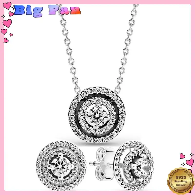 

Authentic S925 Sterling Silver Sparkling Double Halo Earring Necklace With Crystal For Women Jewelry Set Gift 2025